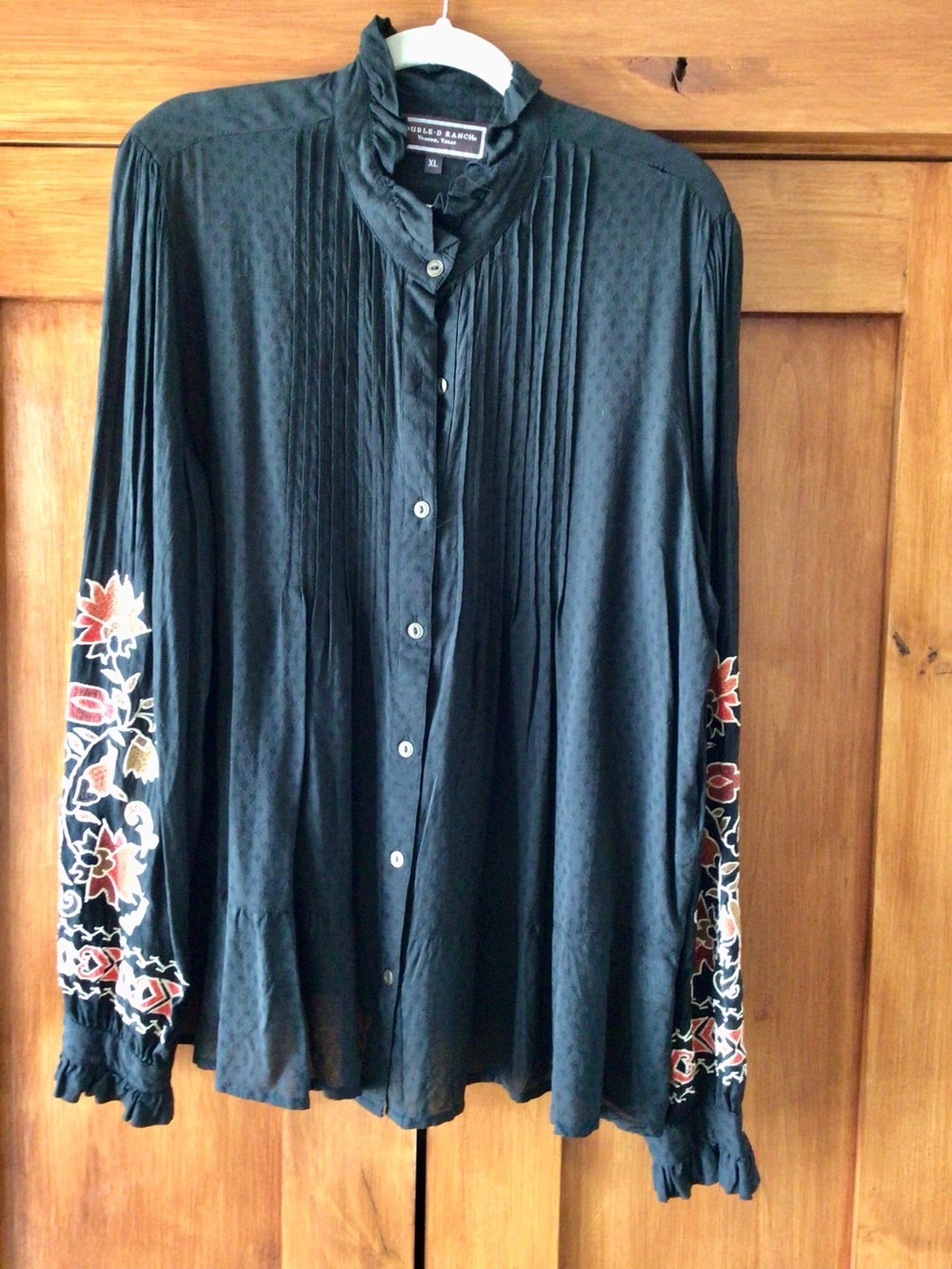 Double D Ranch Black Button-Down Blouse with Embroidered Sleeves